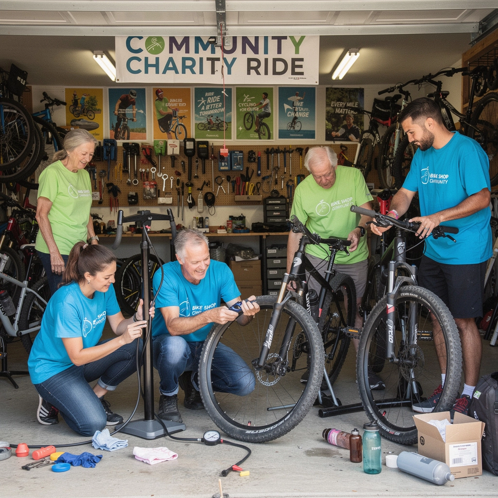 自転車のタイヤをチェックしているスタッフの写真