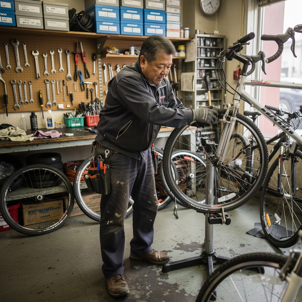 自転車のタイヤと工具が並ぶ整備作業のシーン